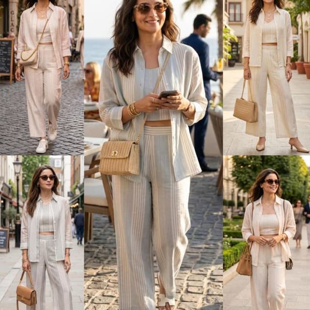 Beige, White, Light Blue stripes Co-ord Set (Shirt, Crop Top, Pants)