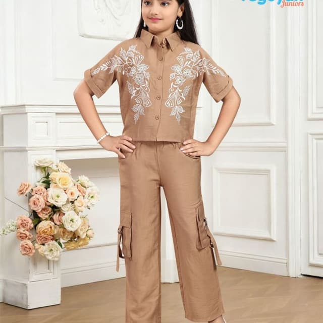 Beige/Brown with White embroidery Co-ord set (Shirt and Pants)