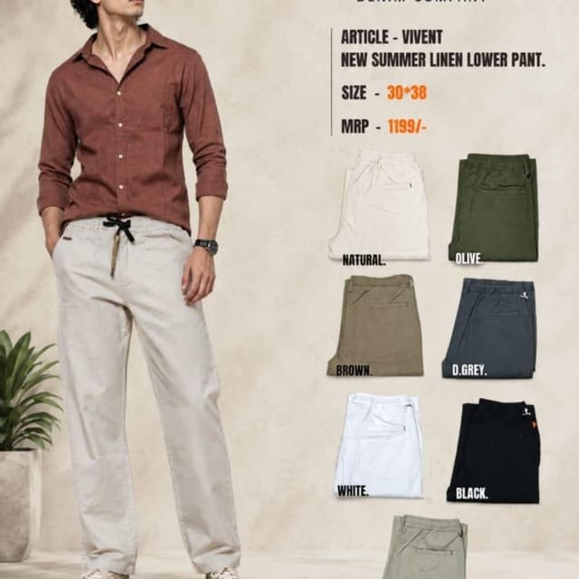 Beige, White, Olive, Brown, Dark Grey, Black, Fawn Trousers
