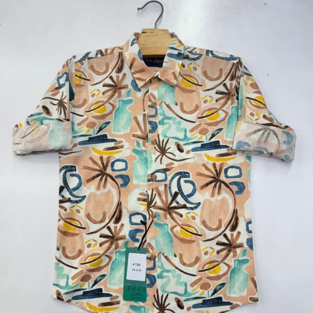 Cream, Peach, Brown, Teal, Yellow, Blue Shirt