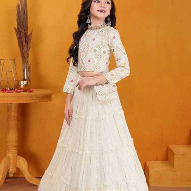 White, Gold, Pink, Green Lehenga Choli