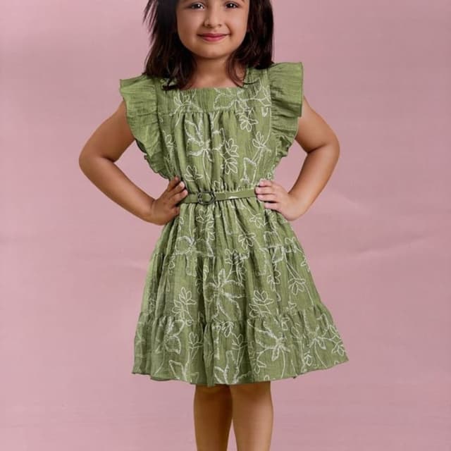 Olive Green with White floral print Dress