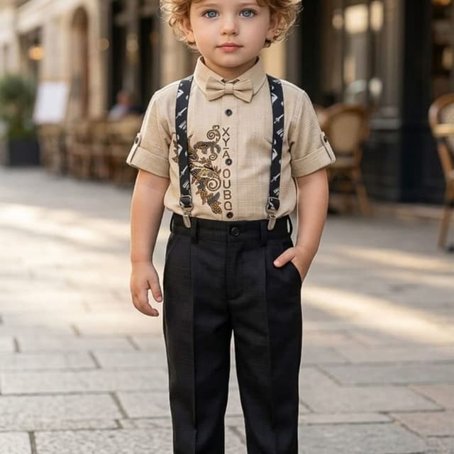 Beige, Black, Gold Shirt, Pants, Suspenders, Bow Tie