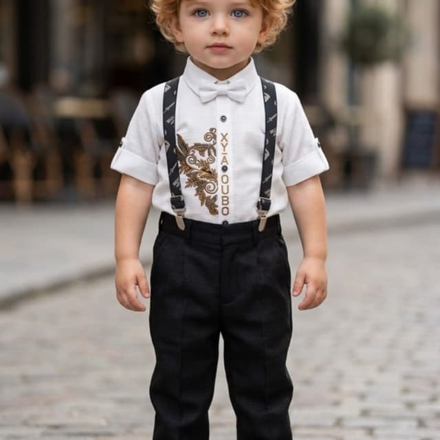 White, Black, Gold Shirt and Trousers Set