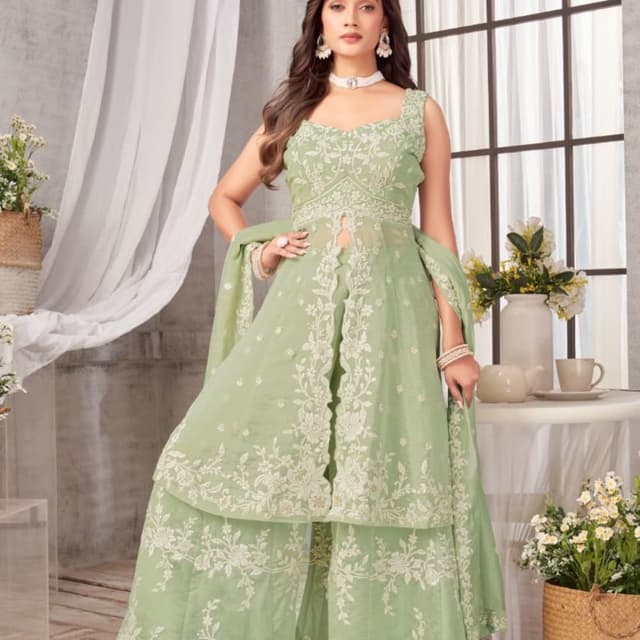 Light Green with White Sharara Set