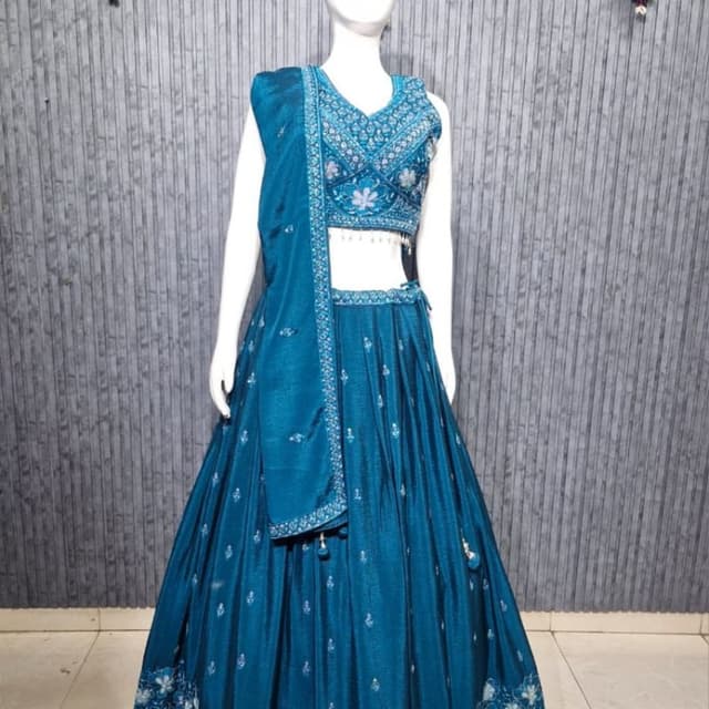 Teal blue with silver and white accents Lehenga Choli