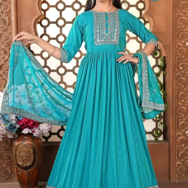 Teal Blue with Silver Embellishments Anarkali Dress