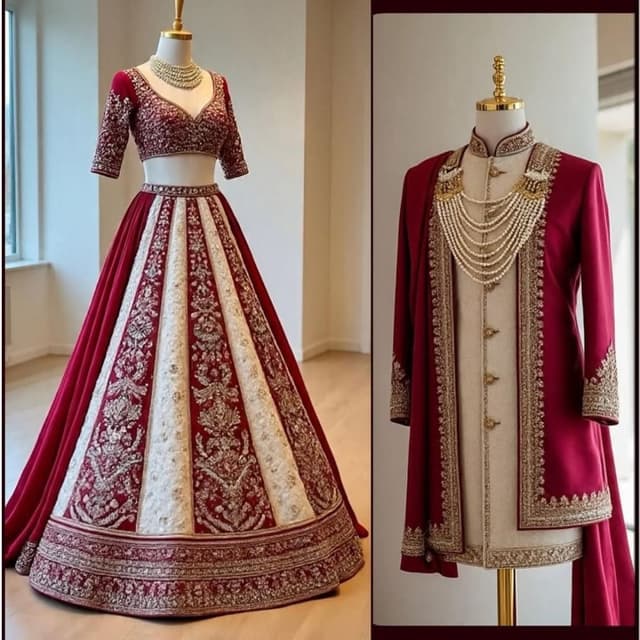 Maroon and Cream with Gold Embellishments Lehenga Choli and Sherwani