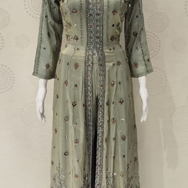 Sage Green with Silver and Maroon accents Anarkali Suit with Palazzo pants
