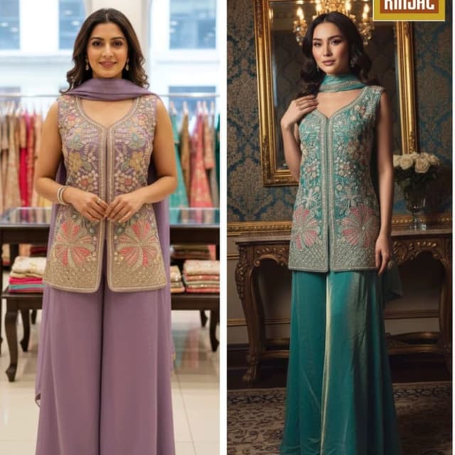 Purple, Teal, Gold, Pink Kurti with Palazzo Pants and Dupatta