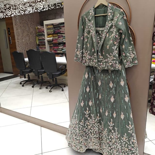 Olive Green with Floral Multi-color Embroidery Lehenga Choli with Jacket