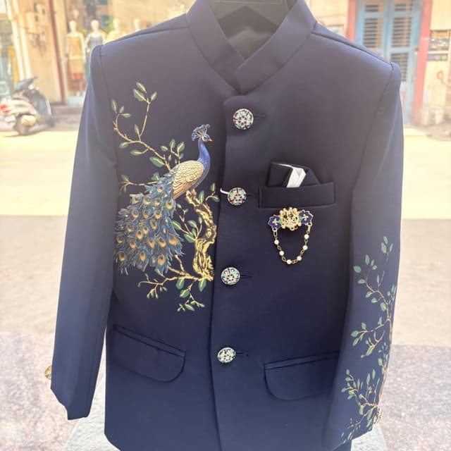Navy Blue with Gold, Green, and Peacock Blue accents Bandhgala Jacket
