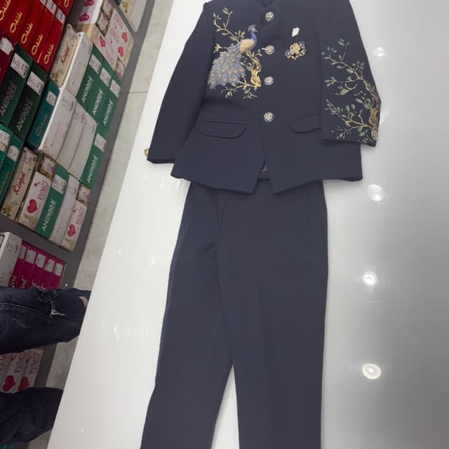 Navy Blue, Gold, Teal, White Bandhgala Suit