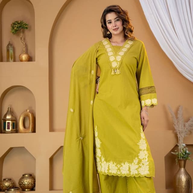 Lime Green with White Embroidery Salwar Kameez