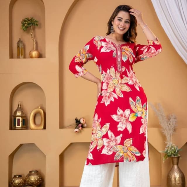 Red with floral print in white, yellow, pink, and green Kurta