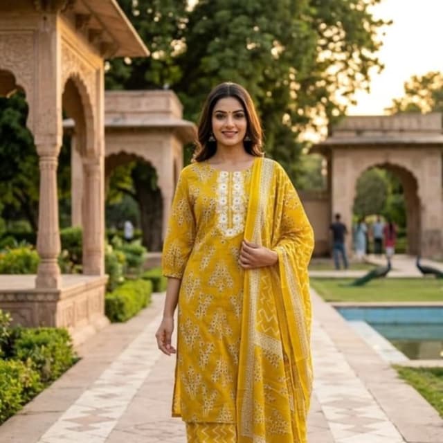 Yellow, White Kurta Set with Palazzo and Dupatta