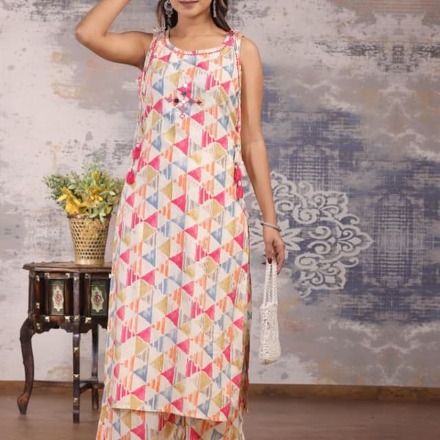 Off-white, Pink, Blue, Orange, Yellow Kurta with Palazzo
