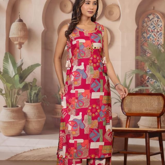 Rani pink, white, blue, orange, green, yellow Kurta and Pant Set