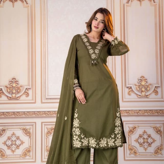 Olive Green with off-white embroidery Kurta set with pants and dupatta