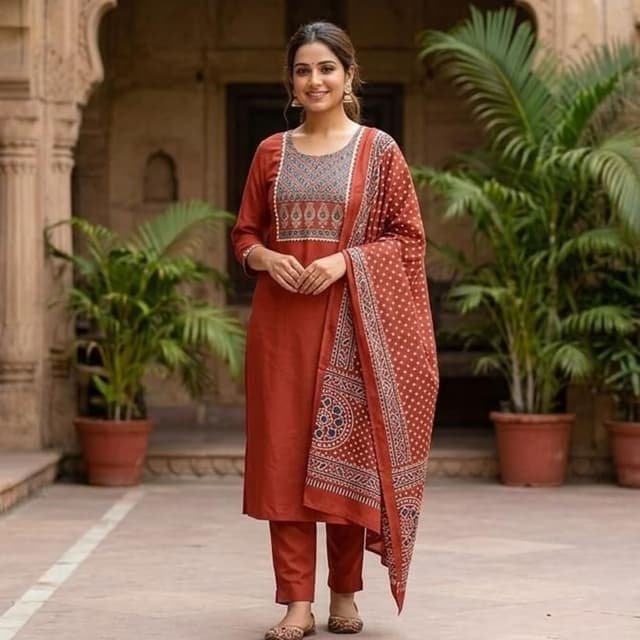 Terracotta orange with navy blue and white accents Kurta set with pants and dupatta