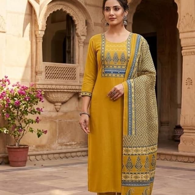 Mustard Yellow, Blue, Beige Kurta Set with Dupatta
