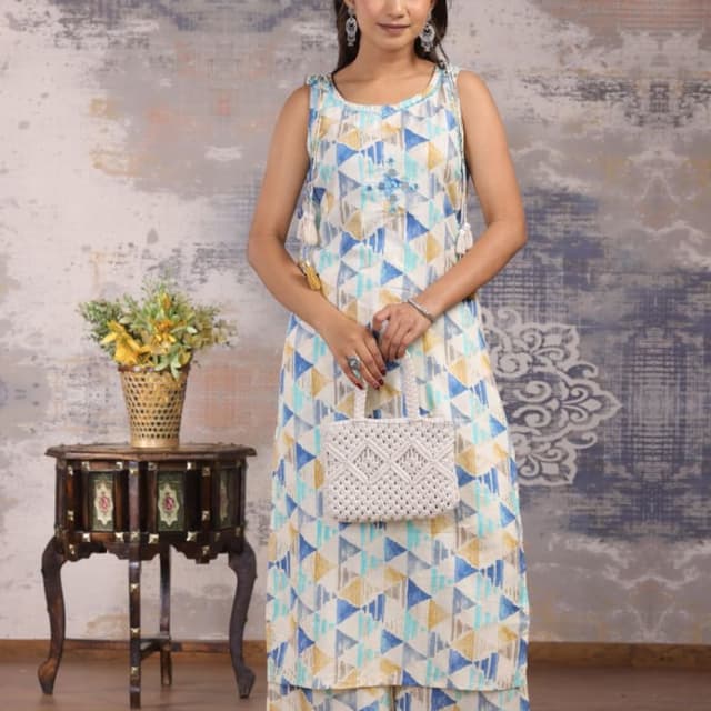 White, Blue, Yellow, Grey Kurta with Palazzo Pants