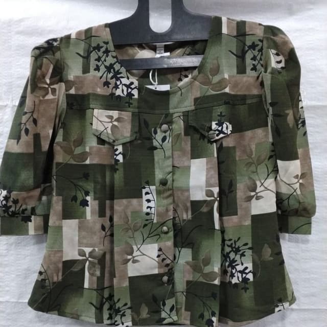 Green, Beige, White, Black Blouse