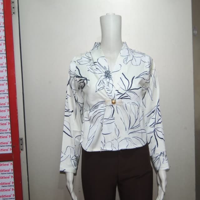 White with navy blue floral print Blouse