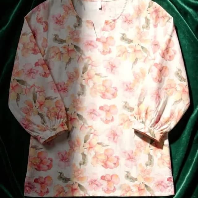 White with pink, peach, and green floral print Blouse