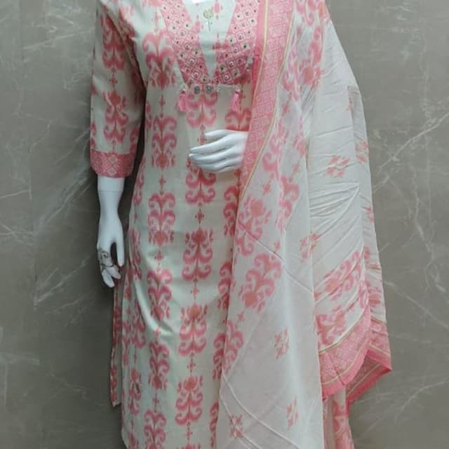 White and Pink Kurta Set with Dupatta