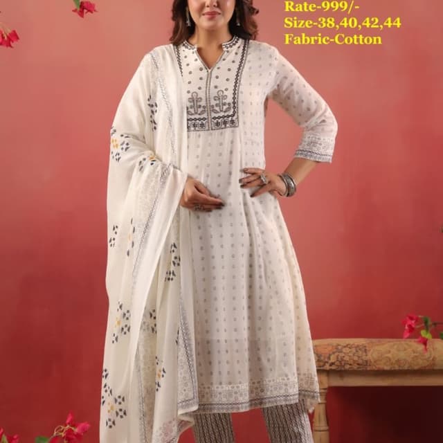 White, Grey, Black, Yellow accents Kurta Set with Dupatta and Pants