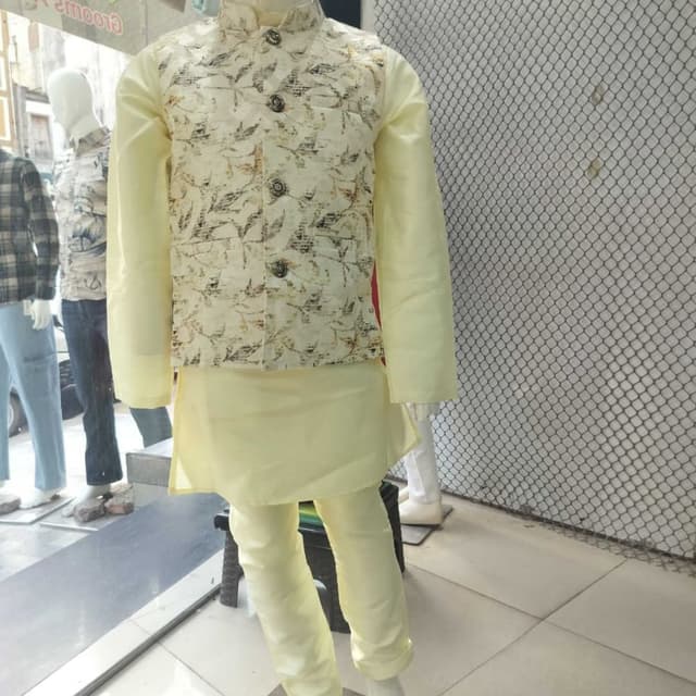 Light yellow with cream and brown print Kurta Set with Waistcoat