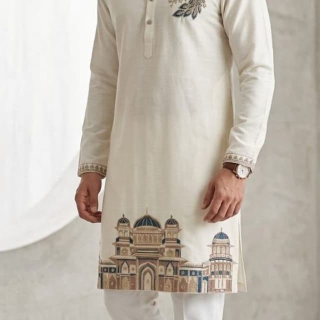 Off-white, beige, brown, blue, and gold accents Kurta