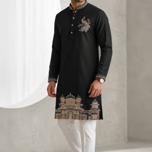 Black with gold, white, and blue embroidery Kurta