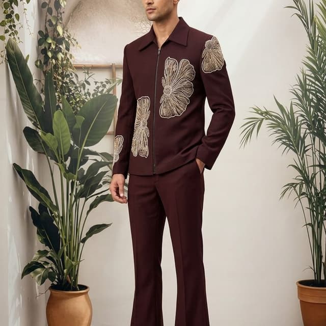 Deep Maroon with Gold Embellishments Suit Set (Jacket and Trousers)