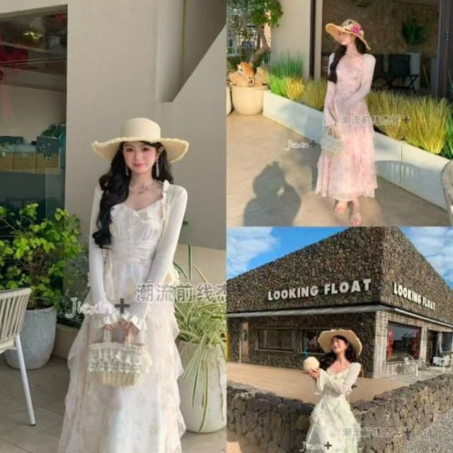 Off-white, Pastel pink, Light green with floral prints Dress, Cardigan