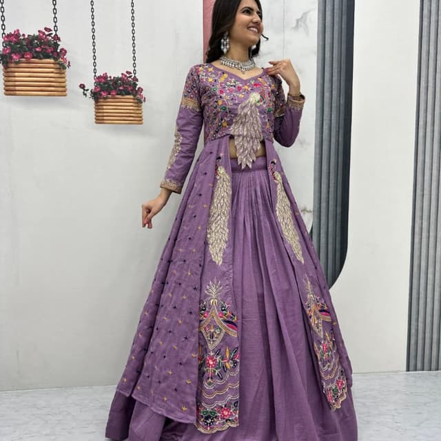 Purple, Gold, Pink, Green, Blue, Multicolor embroidery Lehenga Choli with Jacket