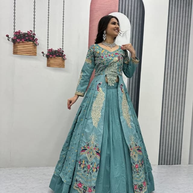 Teal blue with multi-colored embroidery Lehenga Choli