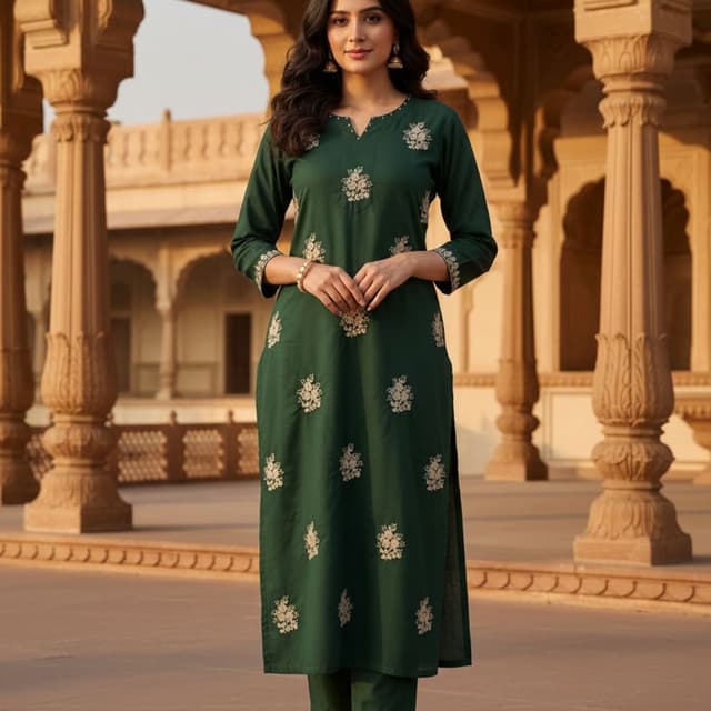 Dark Green with White/Cream Embroidery Kurta and Pants Set