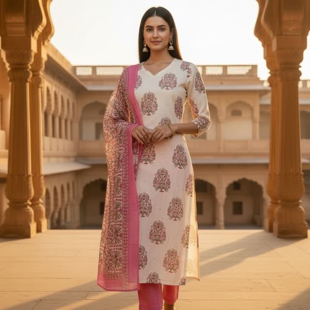 Cream, Pink, Maroon Kurta Set