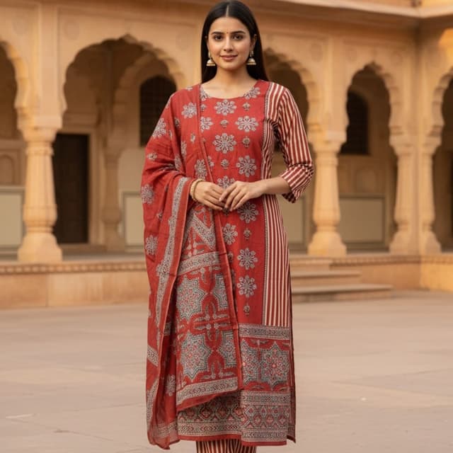 Red and grey/white Kurta set with dupatta