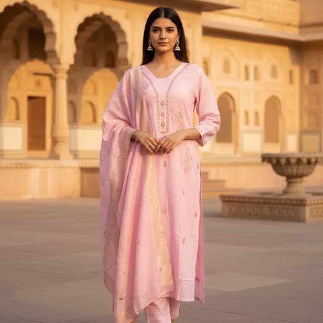 Pastel Pink with Gold accents Kurta Set (Kurta, Pants, Dupatta)