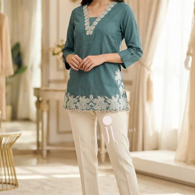 Teal with white embroidery Kurti and Pants