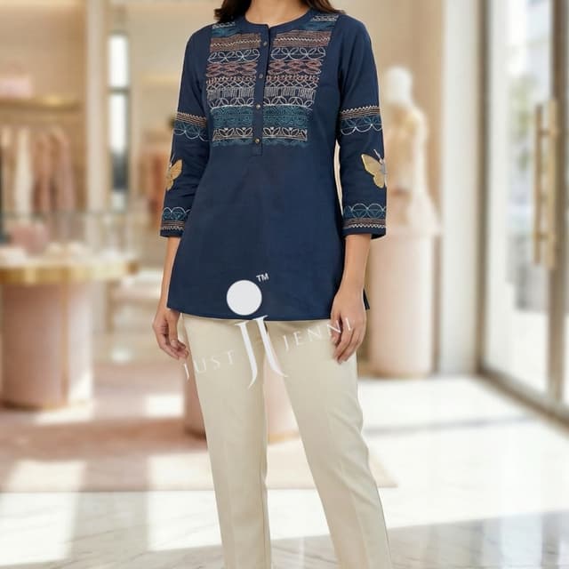 Navy blue with multicolor embroidery and beige pants Tunic Top