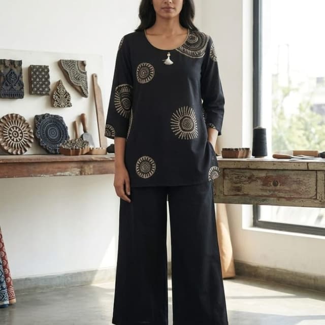 Black with beige/gold print Kurta and Palazzo set
