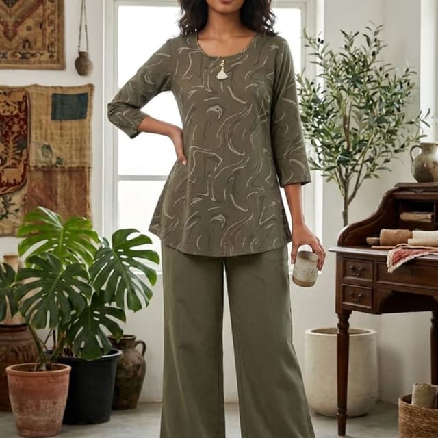Olive green with abstract off-white pattern Tunic top and wide-leg pants set