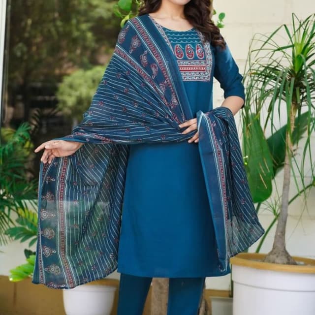 Teal blue, maroon, white Salwar Kameez with Dupatta