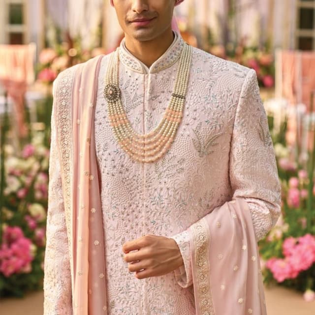 Light Pink, Peach, Cream, Silver Sherwani