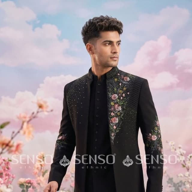 Black with floral embroidery in pink, green, and white Sherwani Set