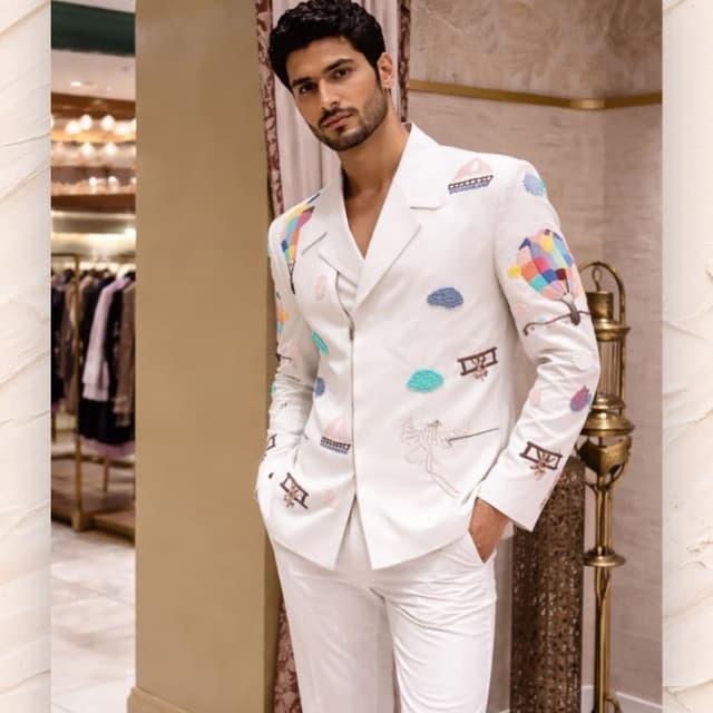 White with multicolor embroidery Suit (Blazer and Trousers)